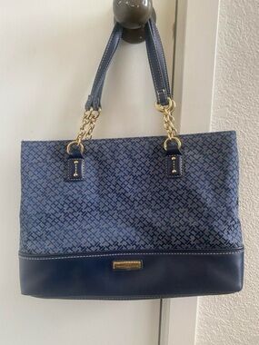 Tommy Hilfiger Navy Patterned Tote with Gold Chain Handles